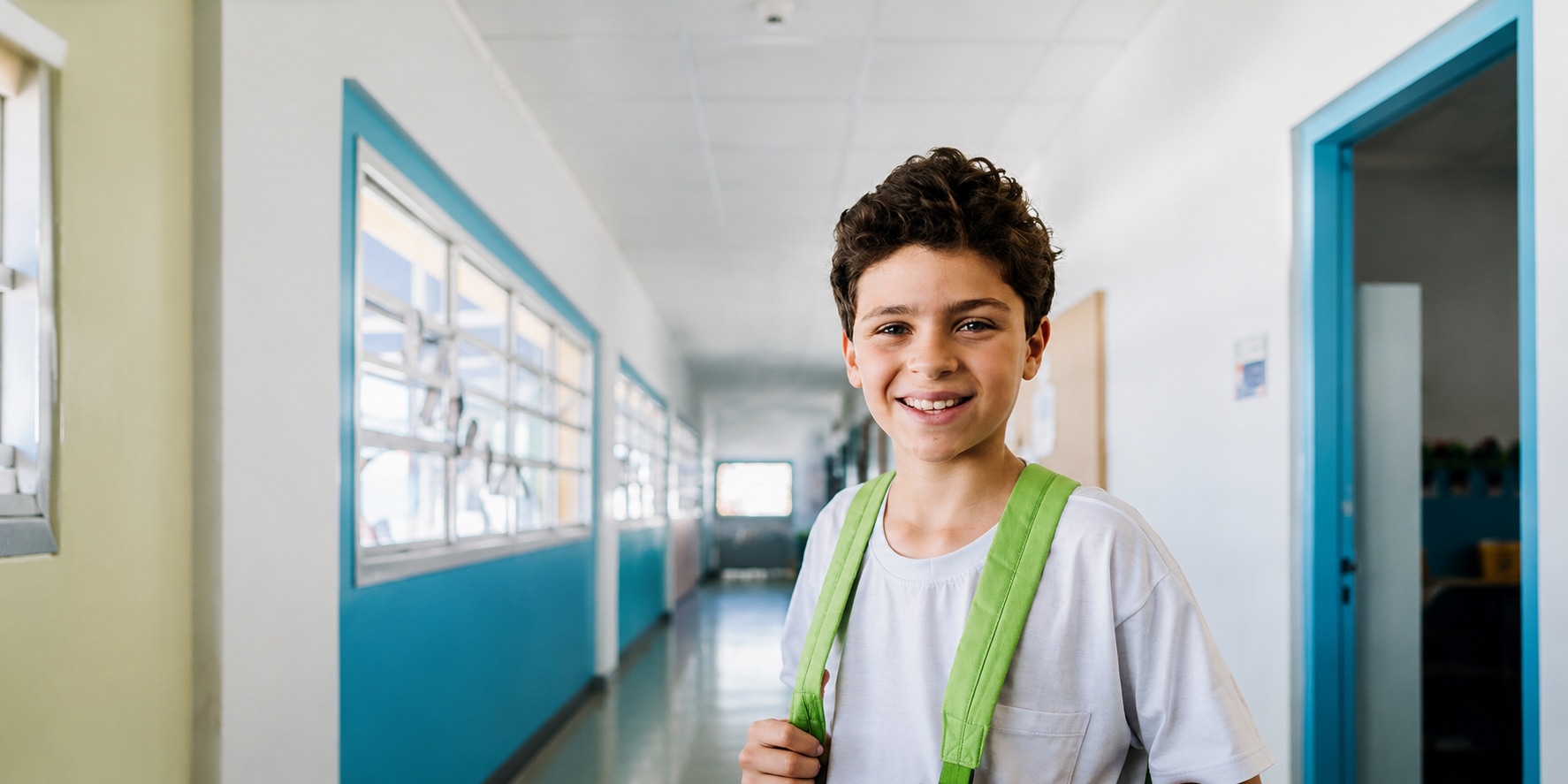 Bright school corridor with child smiling