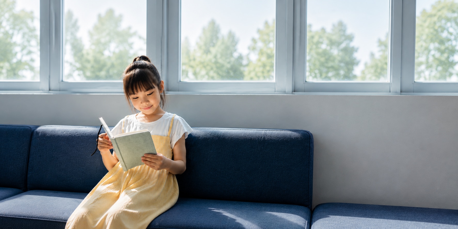 Child quietly reading in the morning light