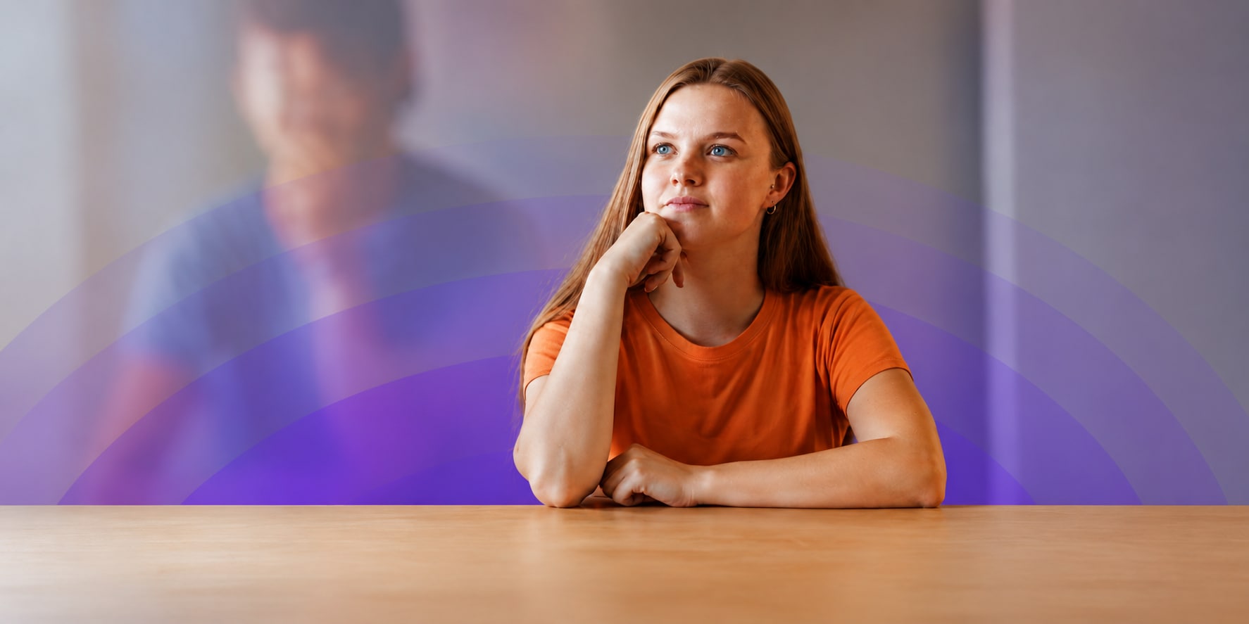 Thoughtful moment in cool-toned space