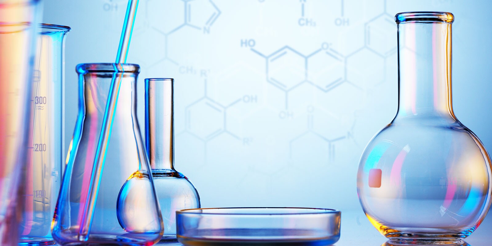 Science beakers on a lab table.